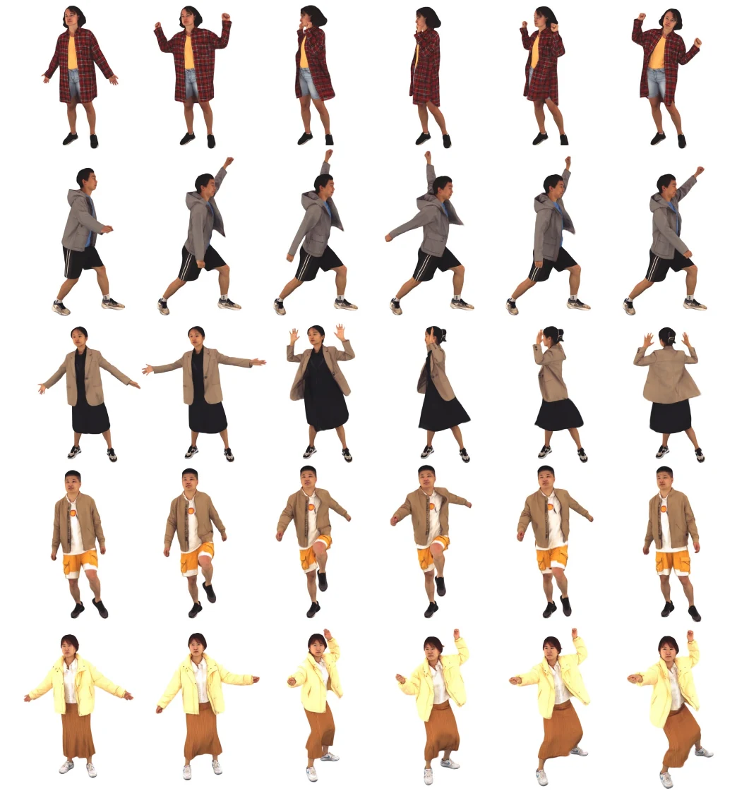 Five reconstructed avatars shown across six body poses and diverse loose clothing styles.