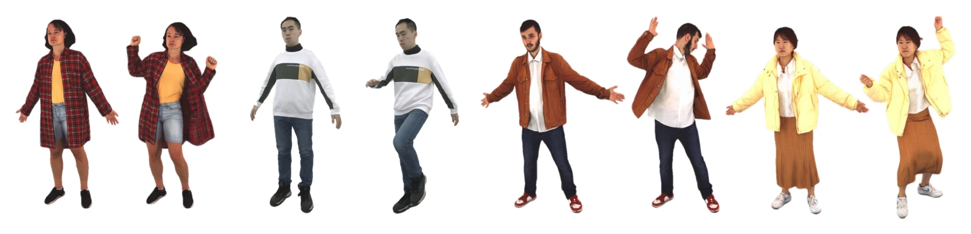 Four photorealistic animatable avatars wearing loose garments shown in different body poses.